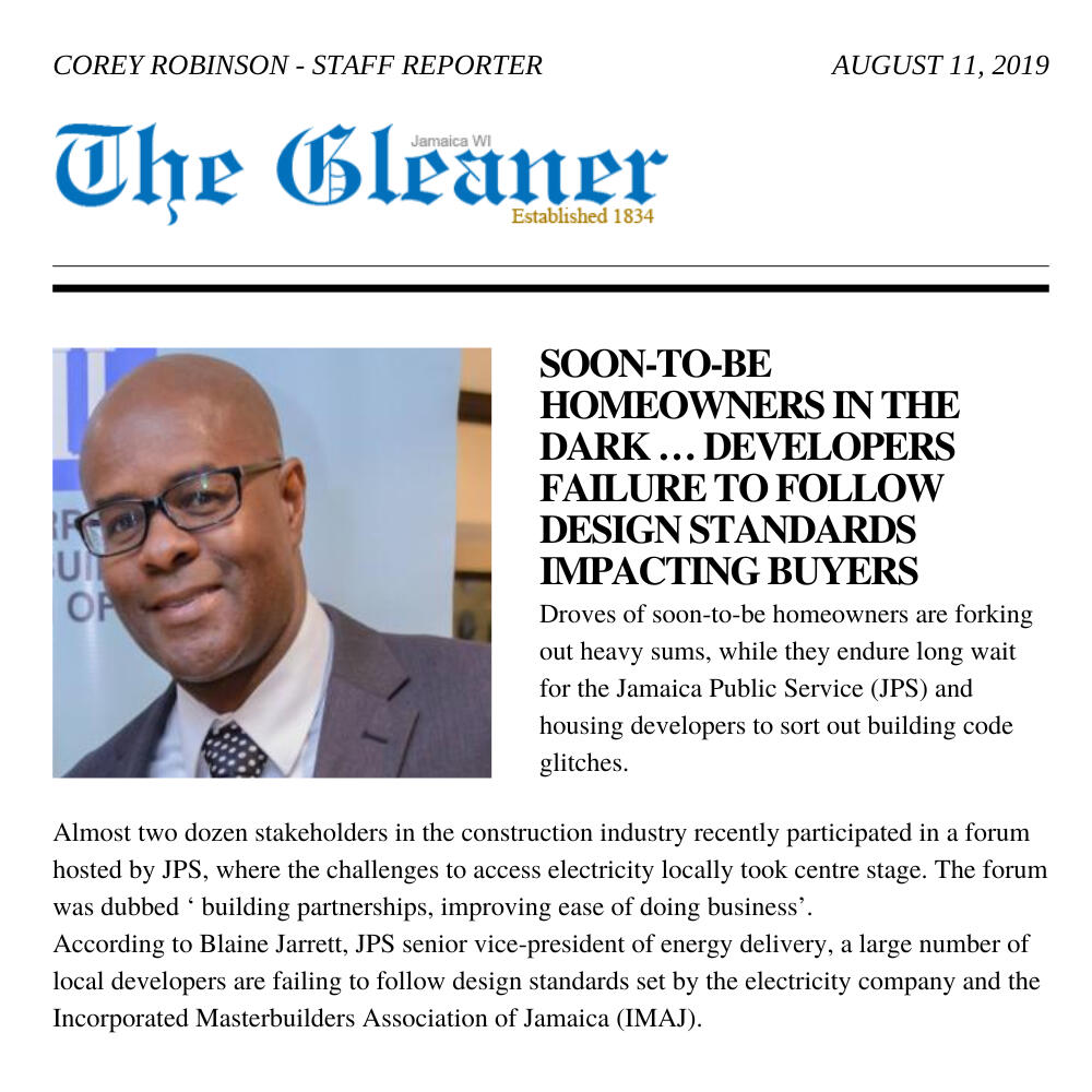A news article from The Gleaner, titled: Soon-To-Be Homeowners In The Dark.... Developers Failure To Follow Design Standards Impacting Buyers