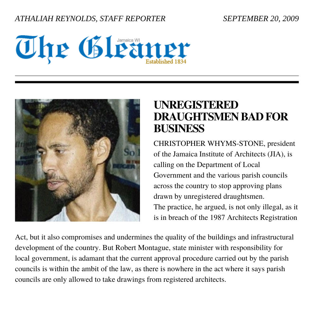 A news article from The Gleaner, titled: Unregistered Draughtsmen Bad For Business